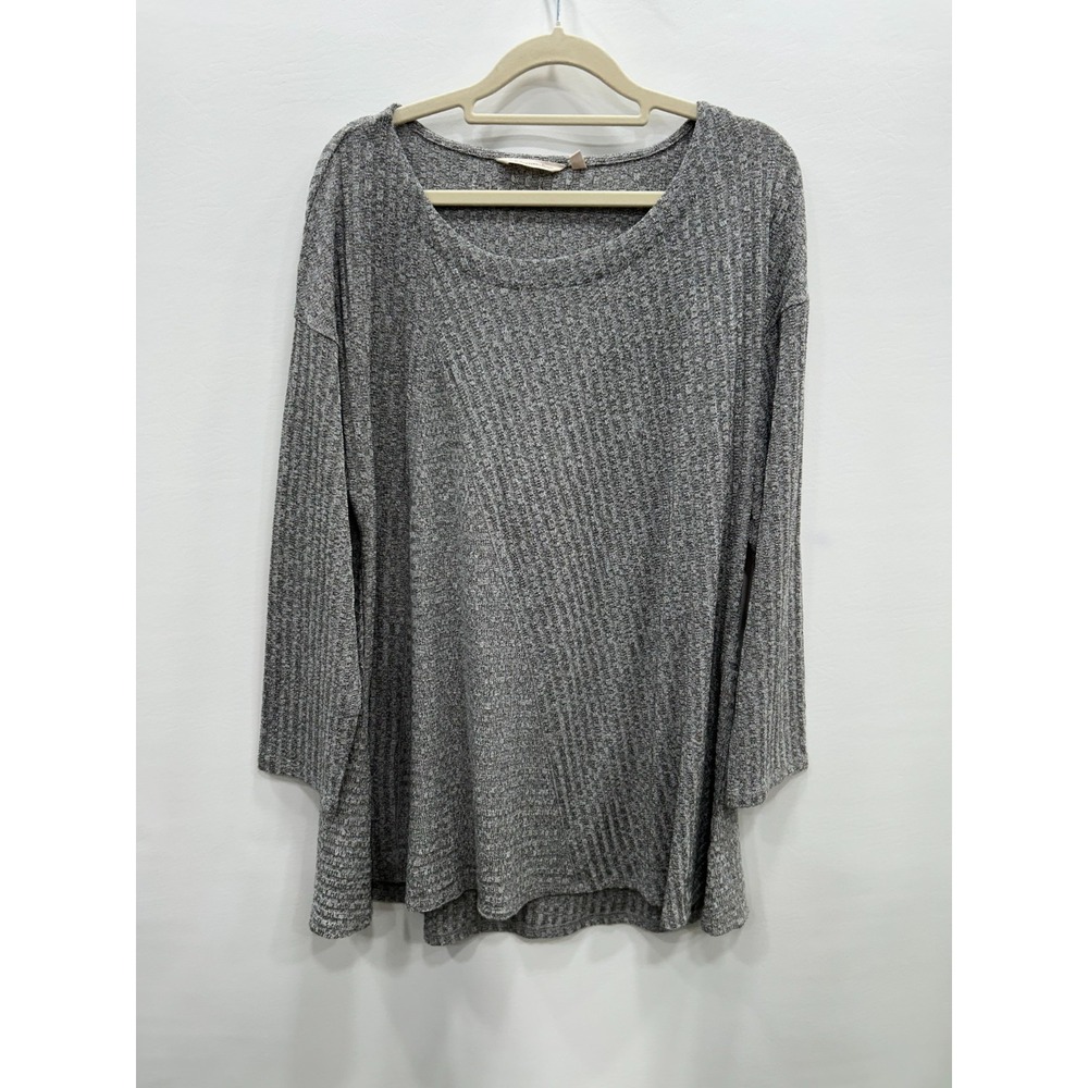 Soft Surroundings Gray Ribbed Blouse Women L Scoop Neck Sleeve Cozy Stretch Knit